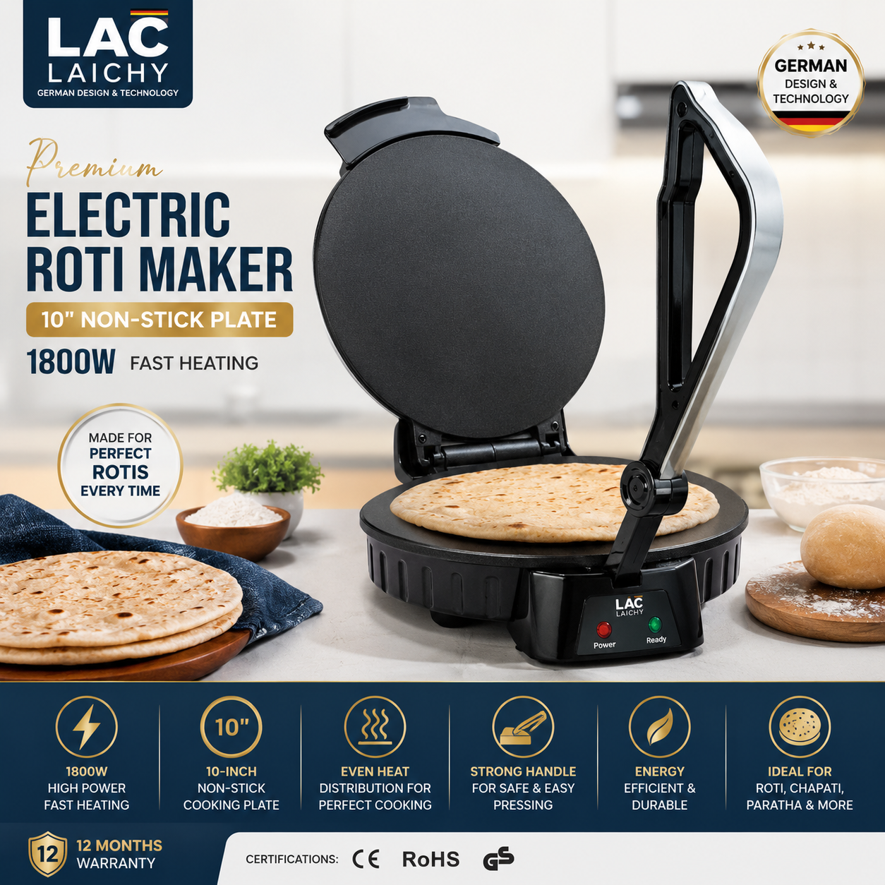 Premium Electric Roti Maker – 10" Non-Stick Plate | 1800W Fast Heating