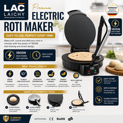 Premium Electric Roti Maker – 10" Non-Stick Plate | 1800W Fast Heating