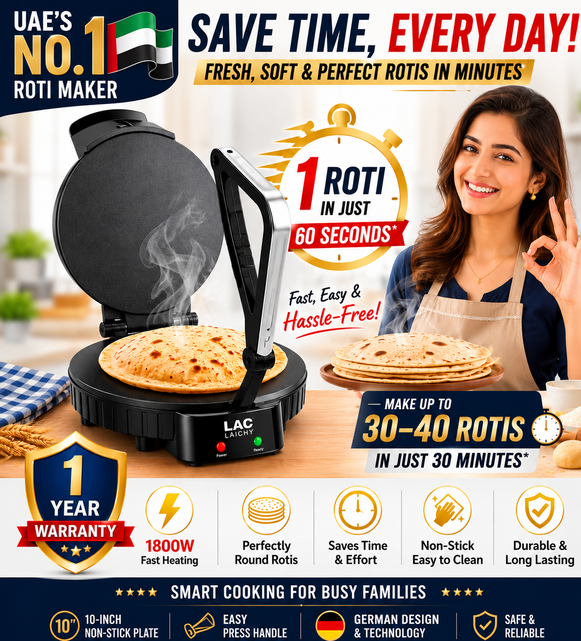 Premium Electric Roti Maker – 10" Non-Stick Plate | 1800W Fast Heating